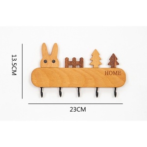 Suport pentru Chei, Flippy, din Lemn, Aplicare fara Perforare, Adeziv Inclus, 5 Carlige Negre, Model Iepure, Greutate Suportata 5 kg, 13.5 x 22 cm, Maro - Img 2