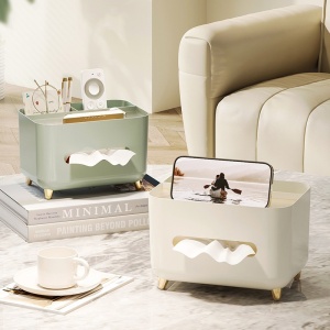 Suport pentru Servetele, Flippy, Cutie Multifunctionala, Design Minimalist, ABS, cu Suport pentru Obiectele Personale, pentru Birou, 21x15x13 cm, Crem - Img 9