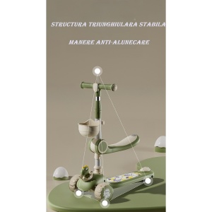 Trotineta Multifunctionala 3 in 1, Flippy, pentru Copii, 1-7 Ani, cu Lumini si Muzica, Reglabil 360, Pliere Usoara, Reglarea Inaltimii, Model Dinozaur, Bej/Verde - Img 2