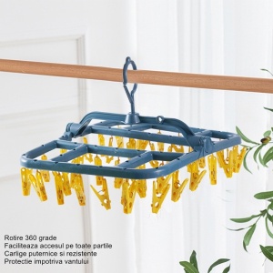 Uscator de Rufe Suspendat Flippy, cu 40 Carlige, Rotire 360 Grade, Protectie Vant, Pliabil, Patrat, Mateiral Plastic, Usor de Depozitat, Multifunctional, 36 x 24 cm, Albastru/Galben - Img 4