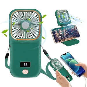Ventilator Portabil Flippy, 3 in 1, de Mana, de Gat, de Birou, 16.7 x 8 x 1.9 cm, 3 Trepte de Viteza, Incarcare USB, Pliabil, Afisaj Digital, Suport Telefon, Verde - Img 1