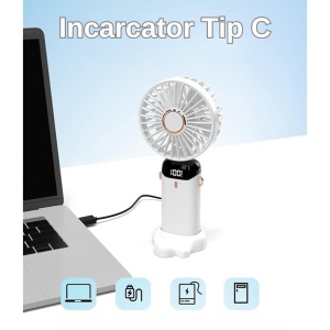 Ventilator Ultra Portabil cu Aromaterapie, Flippy, 3 in 1, de Mana, de Birou, de Gat, 5 Trepte de Viteza, Incarcare USB, Autonomie 12h, Pliabil, cu Ecran LCD, Alb - Img 5