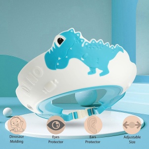 Viziera de Protectie Baie Pentru Copii, Fippy, Model Dinozaur, Dimensiune ajustabila, Durabil, Usor de curatat, Impotriva Samponului, pentru Ochi si Urechi, TPE+PP, 22x21 cm, Albastru - Img 2