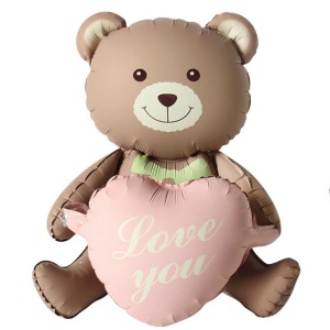 Balon din Folie Metalizata, Flippy, Figurina Animata, Model Ursulet cu Inimioare, 105.5 x 66.5 cm, Ambalaj Individual, Pai Inclus, Umflare cu Aer sau Heliu, Maro