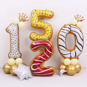 Balon din Folie Metalizata Flippy, Figurina Cifra, Imprimeu Gogosi, Tema Aniversare 100 cm, Ambalaj Individual, Pai inclus, Umflare cu Aer sau Heliu, Multicolor, Cifra 0 - Img 10