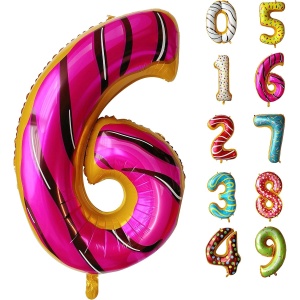 Balon din Folie Metalizata Flippy, Figurina Cifra, Imprimeu Gogosi, Tema Aniversare 100 cm, Ambalaj Individual, Pai inclus, Umflare cu Aer sau Heliu, Multicolor, Cifra 6 - Img 10