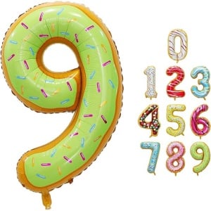 Balon din Folie Metalizata Flippy, Figurina Cifra, Imprimeu Gogosi, Tema Aniversare 100 cm, Ambalaj Individual, Pai inclus, Umflare cu Aer sau Heliu, Multicolor, Cifra 9 - Img 7