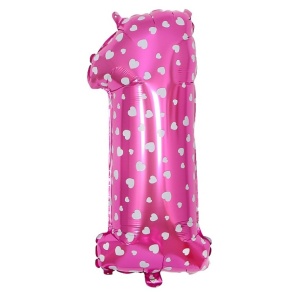 Balon din Folie Metalizata Flippy, Figurina Cifra, Imprimeu Inimi, Tema Aniversare 80 cm, Ambalaj Individual, Pai inclus, Umflare cu Aer sau Heliu, Roz, Cifra 1 - Img 1
