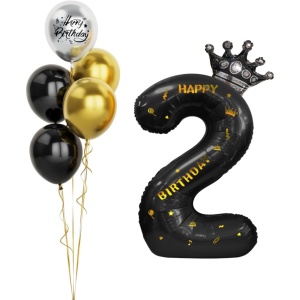 Balon din Folie Metalizata Flippy, Figurina Cifra si Coroana, Scris Happy Birthday, Tema Aniversare 100 cm, Ambalaj Individual, Pai inclus, Umflare cu Aer sau Heliu, Negru, Cifra 2 - Img 3