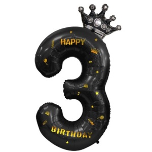 Balon din Folie Metalizata Flippy, Figurina Cifra si Coroana, Scris Happy Birthday, Tema Aniversare 100 cm, Ambalaj Individual, Pai inclus, Umflare cu Aer sau Heliu, Negru, Cifra 3 - Img 6