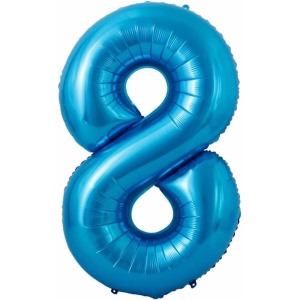 Balon din Folie Metalizata Flippy, Figurina Cifra si Coroana, Tema Aniversare 100 cm, Ambalaj Individual, Pai inclus, Umflare cu Aer sau Heliu, Albastru, Cifra 8 - Img 2