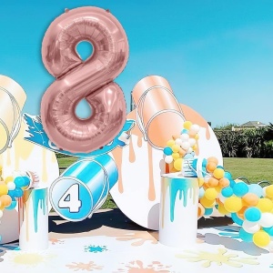 Balon din Folie Metalizata Flippy, Figurina Cifra, Tema Aniversare 100 cm, Ambalaj Individual, Pai inclus, Umflare cu Aer sau Heliu, Coral, Rose Gold, Cifra 8 - Img 4