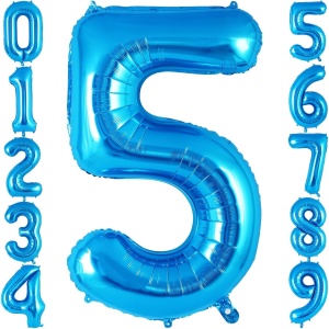 Balon din Folie Metalizata, Flippy, Figurina Cifra, Tema Aniversare 100 cm, Ambalaj Individual, Pai inclus, Umflare cu Aer sau Heliu, Albastru, Cifra 5 - Img 3