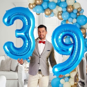 Balon din Folie Metalizata, Flippy, Figurina Cifra, Tema Aniversare 100 cm, Ambalaj Individual, Pai inclus, Umflare cu Aer sau Heliu, Albastru, Cifra 9 - Img 5