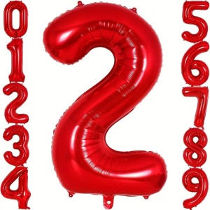 Balon din Folie Metalizata Flippy, Figurina Cifra, Tema Aniversare 100 cm, Ambalaj Individual, Pai inclus, Umflare cu Aer sau Heliu, Rosu, Cifra 2 - Img 3