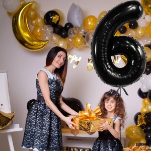 Balon din Folie Metalizata, Flippy, Figurina Cifra, Tema Aniversare 100 cm, Ambalaj Individual, Pai inclus, Umflare cu Aer sau Heliu, Negru, Cifra 6 - Img 2