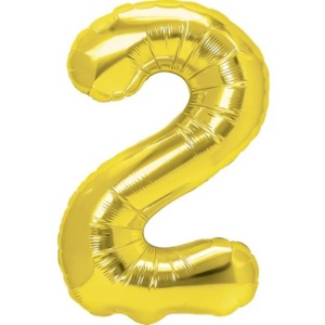 Balon din Folie Metalizata Flippy, Figurina Cifra, Tema Aniversare 100 cm, Ambalaj Individual, Pai inclus, Umflare cu Aer sau Heliu, Auriu, Cifra 2 - Img 1