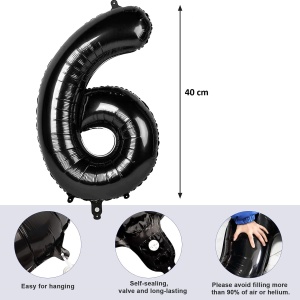 Balon din Folie Metalizata Flippy, Figurina Cifra, Tema Aniversare 40 cm, Ambalaj Individual, Pai inclus, Umflare cu Aer sau Heliu, Negru, Cifra 6 - Img 2