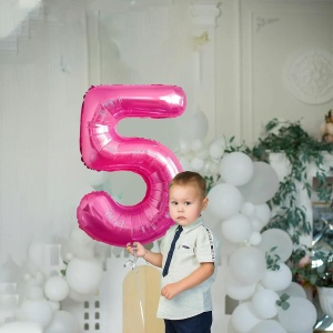 Balon din Folie Metalizata Flippy, Figurina Cifra, Tema Aniversare 40 cm, Ambalaj Individual, Pai inclus, Umflare cu Aer sau Heliu, Roz, Cifra 5 - Img 4