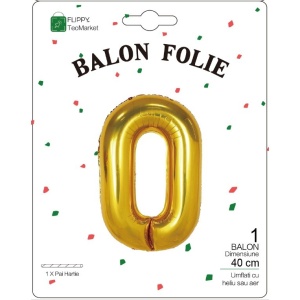 Balon din Folie Metalizata Flippy, Figurina Cifra, Tema Aniversare 40 cm, Ambalaj Individual, Pai inclus, Umflare cu Aer sau Heliu, Auriu, Cifra 0 - Img 2