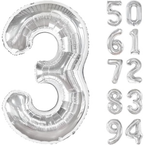 Balon din Folie Metalizata Flippy, Figurina Cifra, Tema Aniversare 40 cm, Ambalaj Individual, Pai inclus, Umflare cu Aer sau Heliu, Argintiu, Cifra 3 - Img 9