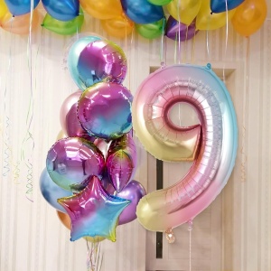 Balon din Folie Metalizata Flippy, Figurina Cifra, Tema Aniversare 40 cm, Ambalaj Individual, Pai inclus, Umflare cu Aer sau Heliu, Multicolor, Cifra 9 - Img 5