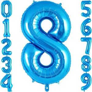 Balon din Folie Metalizata Flippy, Figurina Cifra, Tema Aniversare 40 cm, Ambalaj Individual, Pai inclus, Umflare cu Aer sau Heliu, Albastru, Cifra 8 - Img 6