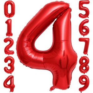 Balon din Folie Metalizata Flippy, Figurina Cifra, Tema Aniversare 80 cm, Ambalaj Individual, Pai inclus, Umflare cu Aer sau Heliu, Rosu, Cifra 4 - Img 3