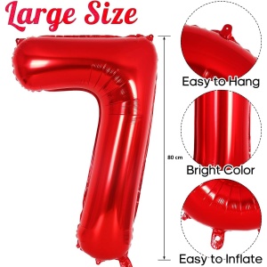 Balon din Folie Metalizata Flippy, Figurina Cifra, Tema Aniversare 80 cm, Ambalaj Individual, Pai inclus, Umflare cu Aer sau Heliu, Rosu, Cifra 7 - Img 2
