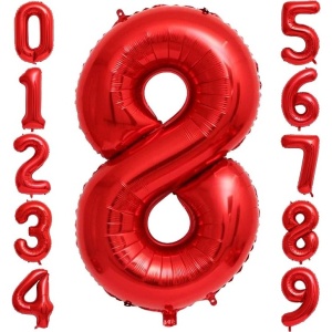 Balon din Folie Metalizata Flippy, Figurina Cifra, Tema Aniversare 80 cm, Ambalaj Individual, Pai inclus, Umflare cu Aer sau Heliu, Rosu, Cifra 8 - Img 3