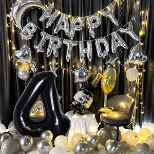 Balon din Folie Metalizata, Flippy, Figurina Cifra, Tema Aniversare 80 cm, Ambalaj Individual, Pai inclus, Umflare cu Aer sau Heliu, Negru, Cifra 4 - Img 5