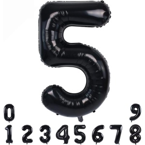 Balon din Folie Metalizata, Flippy, Figurina Cifra, Tema Aniversare 80 cm, Ambalaj Individual, Pai inclus, Umflare cu Aer sau Heliu, Negru, Cifra 5 - Img 7
