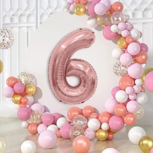 Balon din Folie Metalizata Flippy, Figurina Cifra, Tema Aniversare 80 cm, Ambalaj Individual, Pai inclus, Umflare cu Aer sau Heliu, Rose, Cifra 6 - Img 2