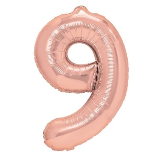Balon din Folie Metalizata Flippy, Figurina Cifra, Tema Aniversare 80 cm, Ambalaj Individual, Pai inclus, Umflare cu Aer sau Heliu, Rose Gold, Cifra 9 - Img 1