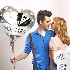 Balon din Folie Metalizata, Flippy, Figurina Inima, Model Mr&Mrs, Tema Nunta, 45 cm, Ambalaj Individual, Pai Inclus, Umflare cu Aer sau Heliu, Gri - Img 2