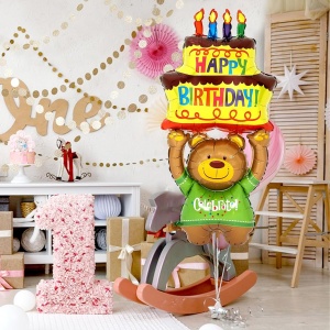 Balon din Folie Metalizata, Flippy, Figurine Animalute, Model Ursulet cu Tort Aniversar, 124x65 cm, Ambalaj Individual, Pai Inclus, Umflare cu Aer sau Heliu, Multicolor - Img 6