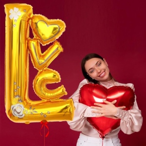 Balon din Folie Metalizata, Flippy, Figurine, Model LOVE, Tematica Iubire, 110x64 cm, Ambalaj Individual, Pai Inclus, Umflare cu Aer sau Heliu, Galben - Img 4