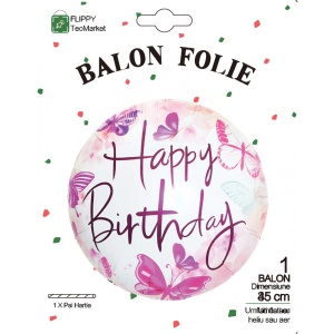 Balon din Folie Metalizata, Flippy, Mini Figurina Rotunda, Model Happy Birthday Fluturasi, Tema Aniversare, 45 cm, Ambalaj Individual, Pai inclus, Umflare cu Aer sau Heliu, Roz - Img 4