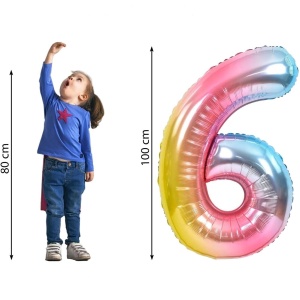Balon din Folie Metalizata Gradient Flippy, Figurina Cifra, Tema Aniversare 100 cm, Ambalaj Individual, Pai inclus, Umflare cu Aer sau Heliu, Multicolor, Cifra 6 - Img 2