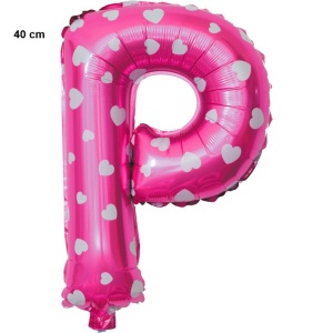 Balon Folie Metalizata Litera P, Flippy, 40 cm, Cu Imprimeu Inimioare, Umflati cu Heliu sau Aer, Ambalaj Individual, Pai inclus, Roz - Img 2