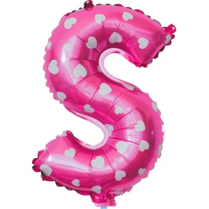 Balon Folie Metalizata Litera S, Flippy, 40 cm, Cu Imprimeu Inimioare, Umflati cu Heliu sau Aer, Ambalaj Individual, Pai inclus, Roz - Img 1
