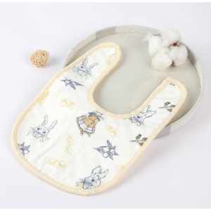 Baveta din Bumbac pentru Copii, Flippy, 0-12 Luni, 21x30 cm, Rezistenta la Apa, cu Capse, Model cu Iepurasi, Bej