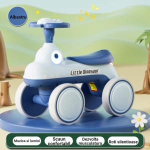Bicicleta Pentru Copii, Flippy, Fara Pedale, Cu Patru Roti, Din Plastic Rezistent, Fara BPA, Cu Muzica Si Lumini, Model Dinozaur, 50x27x40 Cm, Albastru - Img 1