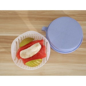 Bol Feliator pentru Salata, Flippy, Castron Multifunctional pentru Legume si Fructe, pentru Spalat si Taiat Legumele, cu Scurgere si Tocator, Ergonomic, Protectie pentru Maini, 21x18.5x11.5 cm, Mov - Img 6