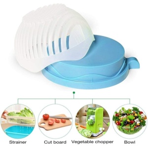 Bol Feliator pentru Salata, Flippy, Castron Multifunctional pentru Legume si Fructe, pentru Spalat si Taiat Legumele, cu Scurgere si Tocator, Ergonomic, Protectie pentru Maini, 21x18.5x11.5 cm, Albastru - Img 6
