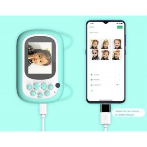 Camera Instantanee pentru Copii, Flippy, Camera Frontala + Selfie, cu Functie de Printare, Cablu USB-C, Bluetooth, Compatibil iOS/Android, Imprimare APP, Model Pisica Smiley Face, Verde - Img 3