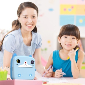 Camera Instantanee pentru Copii, Flippy, cu Functie de Printare, Camera Frontala + Selfie, Cablu USB-C, Bluetooth, Compatibil iOS/Android, Imprimare APP, Model Pisica, Albastru - Img 2