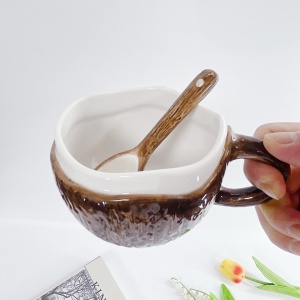 Cana din Ceramica, Flippy, 201-300 ml, cu Lingurita, Model Nuca de Cocos, Maro - Img 5