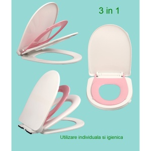 Capac de Toaleta cu Reductie 3 in 1, Flippy, pentru Copii +3 Ani si Adulti, Coborare Lenta si Silentioasa, Instalare Usoara, din PP5 , in Forma de O, Alb/Roz - Img 3