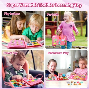 Carte Senzoriala Educativa Montessori 7in1, Flippy, 26 de Activitati, Dezvoltare Abilitati Motorii, 4 Pagini, Model Dinozauri, 28x22x7 cm, Roz - Img 4
